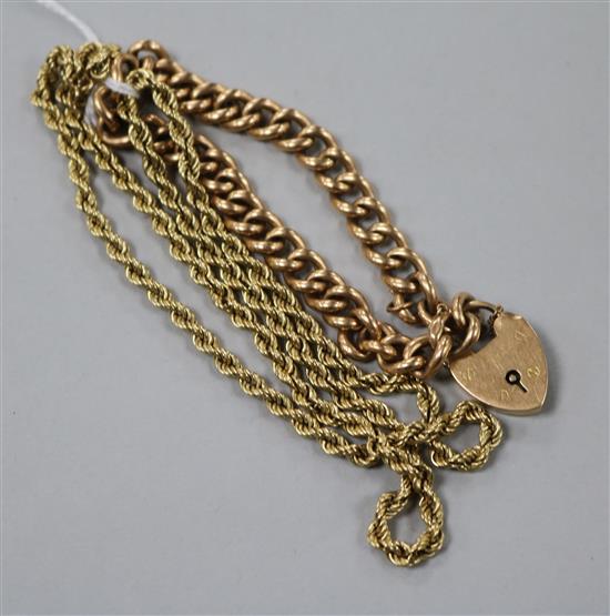 An early 20th century 15ct gold curblink bracelet and a later 9ct gold ropetwist chain.
